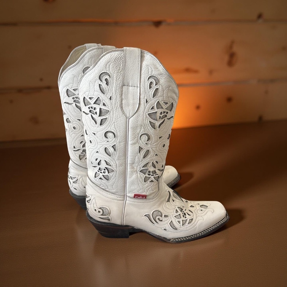 El Corral Western White Leather Bling Inlay boots - SZ 25.5 = 8.5 - Picture 6 of 16